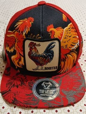 Rooster Patch Top Level Snapback Cap in Red and Black Hat New
